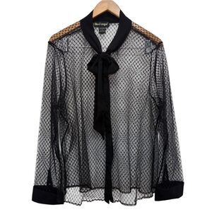 Black Sheer Lace Bow Blouse Long Sleeve Sz 1X Goth Romantic Mesh Top